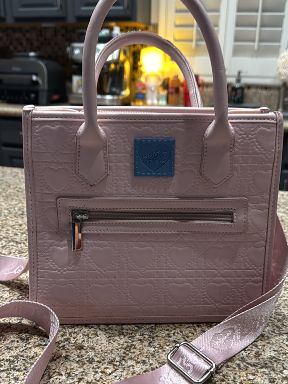 Betsey Johnson Pink Quilted Heart Satchel with Logo Patch